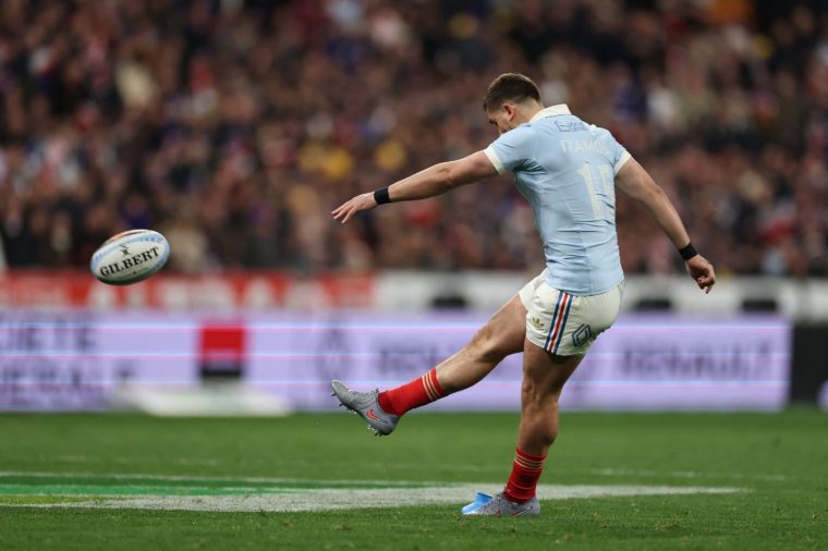 France's full-back Thomas Ramos kicks a conversion during the Six Nations international rugby union match between France and England at the Stade de France, in Saint-Denis, north of Paris, on March 14, 2026. (Photo by FRANCK FIFE / AFP via Getty Images)