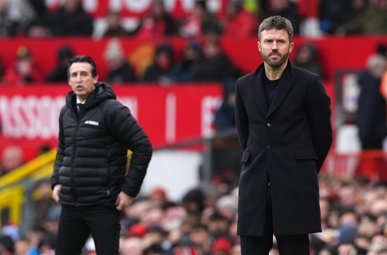 Manchester United manager Michael Carrick (right) and Aston Villa manager Unai Emery during the Premier League match at Old Trafford, Manchester. Picture date: Sunday March 15, 2026. PA Photo. Photo credit should read: Martin Rickett/PA Wire. RESTRICTIONS: EDITORIAL USE ONLY No use with unauthorised audio, video, data, fixture lists, club/league logos or "live" services. Online in-match use limited to 120 images, no video emulation. No use in betting, games or single club/league/player publications.