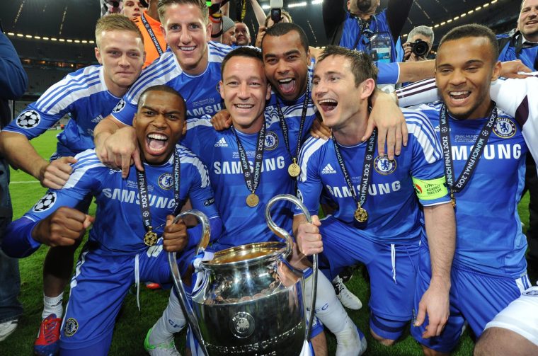 Left to right front row: Daniel Sturridge, John Terry, Ashley Cole, Frank Lampard and Ryan Bertand of Chelsea celebrate with the trophy after the UEFA Champions League Final between Bayern Munich and Chelsea at the Allianz Arena in Munich, Germany. Photo: Visionhaus/Ben Radford (Photo by Ben Radford/Corbis via Getty Images)