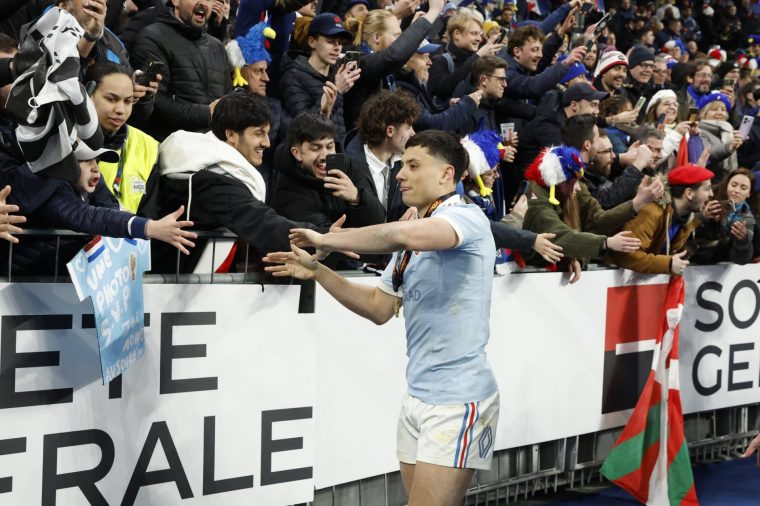 PARIS, FRANCE - MARCH 14: Louis Bielle Biarrey of France celebrates following the Guinness Six Nations 2026 rugby match between France and England at Stade de France on March 14, 2026 in Saint-Denis near Paris, France. (Photo by Jean Catuffe/Getty Images)