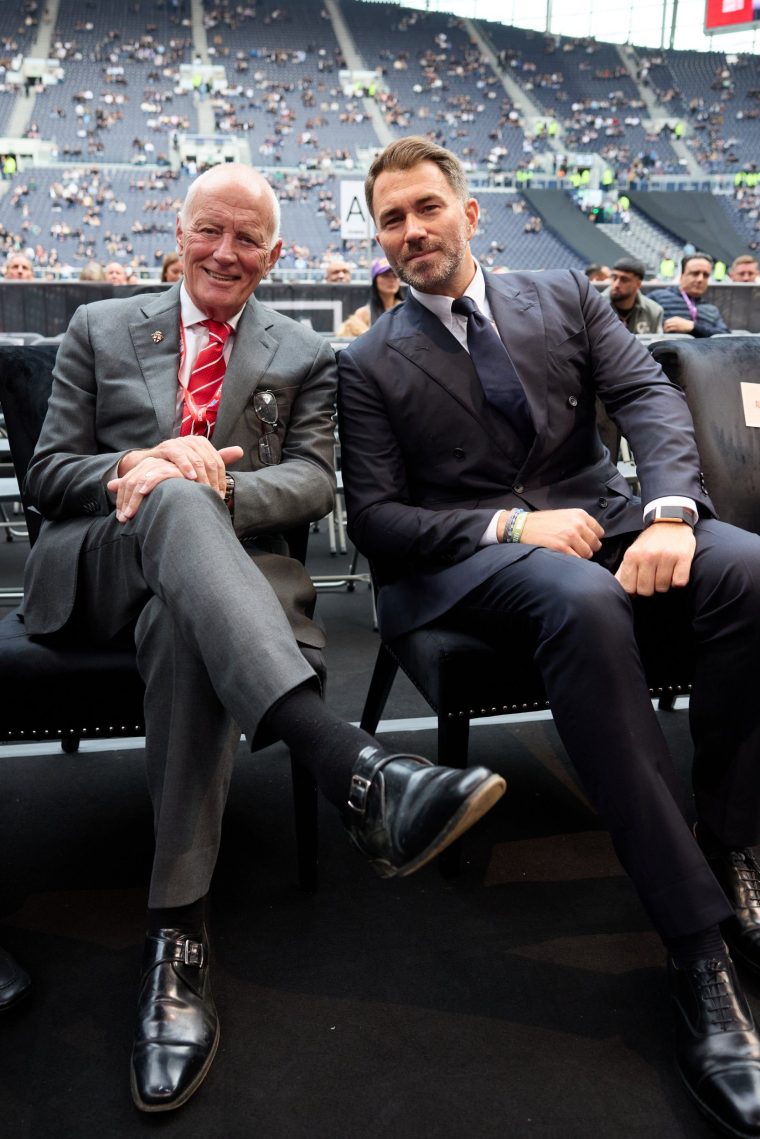 LONDON, ENGLAND - APRIL 26: Chairman of Matchroom Boxing Eddie Hearn with his dad Barry Hearn watching the Chris Billam-Smith v Brandon Glanton, Cruiserweight Contest at Tottenham Hotspur Stadium on April 26, 2025 in London, England. (Photo by Mark Robinson/Getty Images).