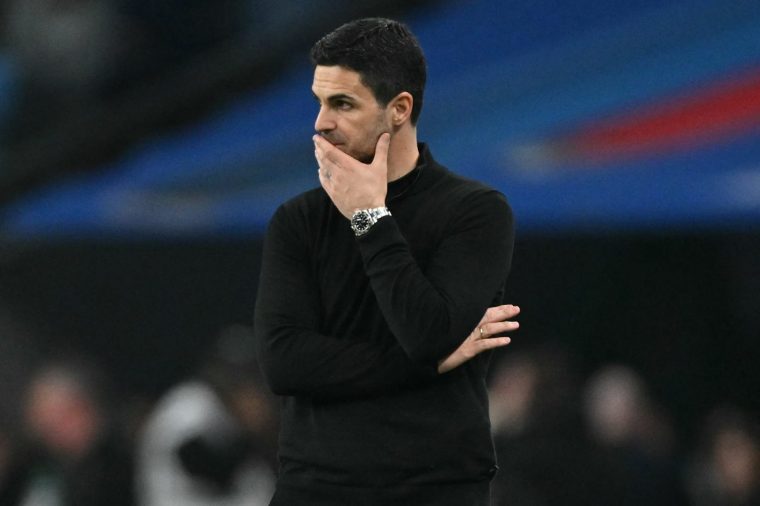 Arsenal's Spanish manager Mikel Arteta looks on during the English League Cup final football match between Arsenal and Manchester City at Wembley Stadium in London on March 22, 2026. (Photo by Glyn KIRK / AFP via Getty Images) / RESTRICTED TO EDITORIAL USE. No use with unauthorized audio, video, data, fixture lists, club/league logos or 'live' services. Online in-match use limited to 120 images. An additional 40 images may be used in extra time. No video emulation. Social media in-match use limited to 120 images. An additional 40 images may be used in extra time. No use in betting publications, games or single club/league/player publications. /