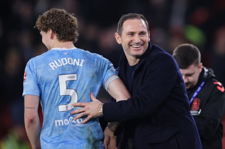 SHEFFIELD, ENGLAND - FEBRUARY 25: Frank Lampard, head coach of Coventry City, with Jack Rudoni of Coventry City following the Sky Bet Championship match between Sheffield United and Coventry City at Bramall Lane on February 25, 2026 in Sheffield, England. (Photo by James Gill - Danehouse/Getty Images)