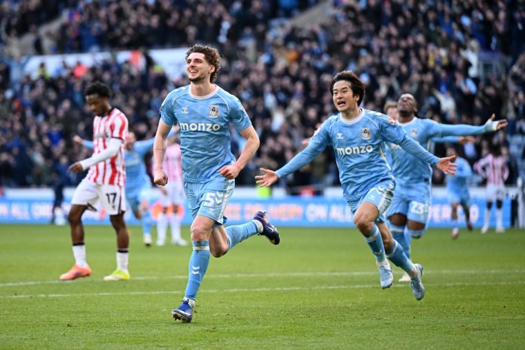 COVENTRY, ENGLAND - FEBRUARY 28: Jack Rudoni of Coventry celebrates after scoring the winning goal during the Sky Bet Championship match between Coventry City and Stoke City at The Coventry Building Society Arena on February 28, 2026 in Coventry, England. (Photo by Gareth Copley/Getty Images)