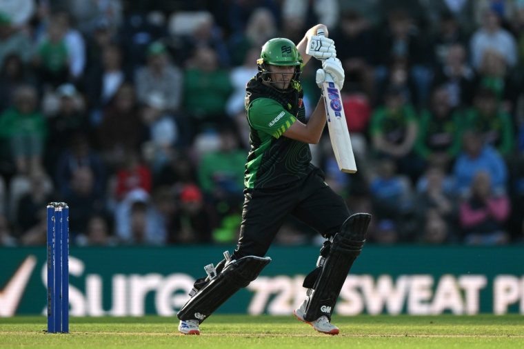 SOUTHAMPTON, ENGLAND - AUGUST 28: James Coles of Southern Brave bats during the The Hundred match between Southern Brave Men and Welsh Fire Men at Utilita Bowl on August 28, 2025 in Southampton, England. (Photo by Mike Hewitt/Getty Images)