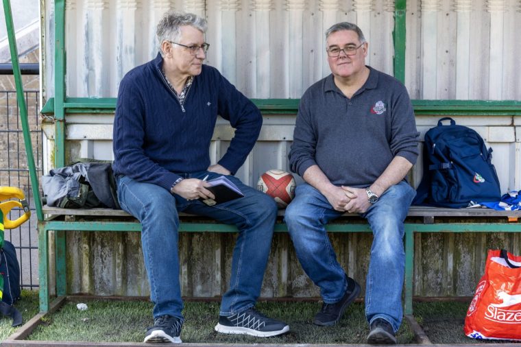 The i Paper's Hugh Godwin (left) speaks to Ebbw Vale chairman Jon Jones (Photo: Ebbw Vale RFC)
