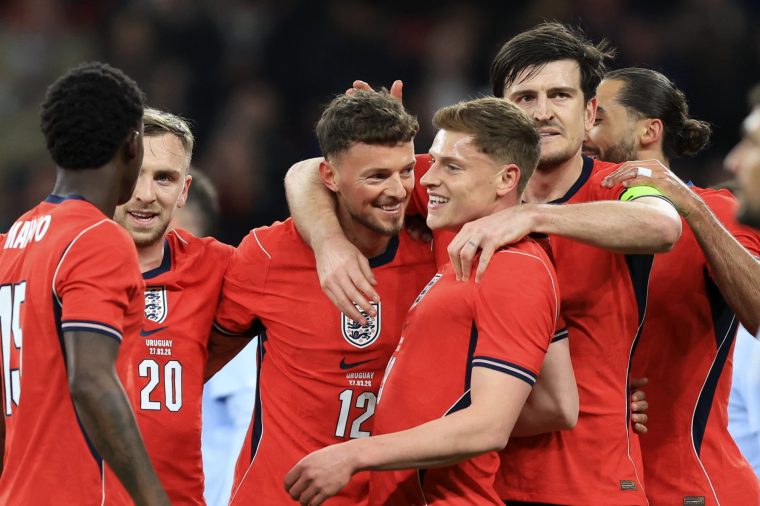 LONDON, ENGLAND - MARCH 27: Kobbie Mainoo, Jarrod Bowen, Ben White, Harry Maguire Harvey Barnes and ominic Calvert-Lewin of England celebrate 1st goal during the international friendly match between England and Uruguay at Wembley Stadium on March 27, 2026 in London, England. (Photo by Nigel French/Sportsphoto/Allstar via Getty Images)