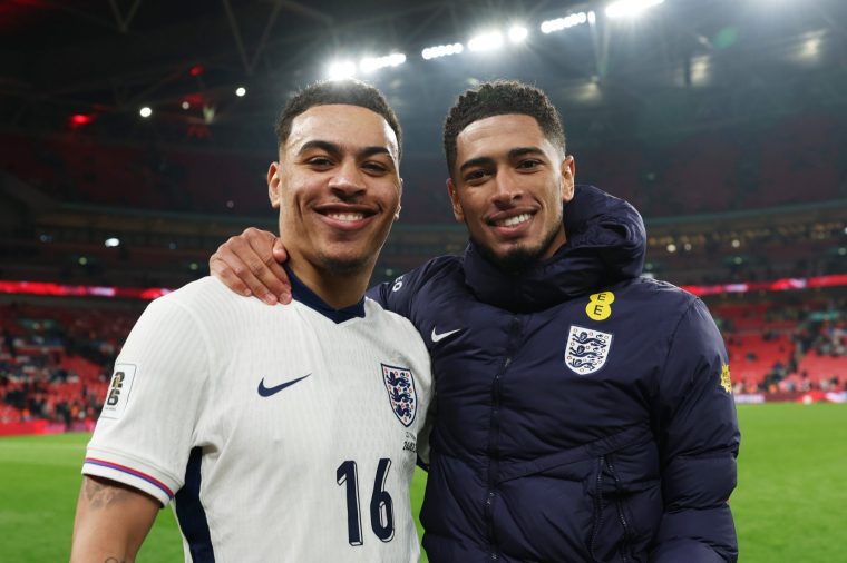 LONDON, ENGLAND - MARCH 24: Morgan Rogers and Jude Bellingham of England pose for a photo following the FIFA World Cup 2026 European Qualifier between England and Latvia at Wembley Stadium on March 24, 2025 in London, England. (Photo by Eddie Keogh - The FA/The FA via Getty Images)