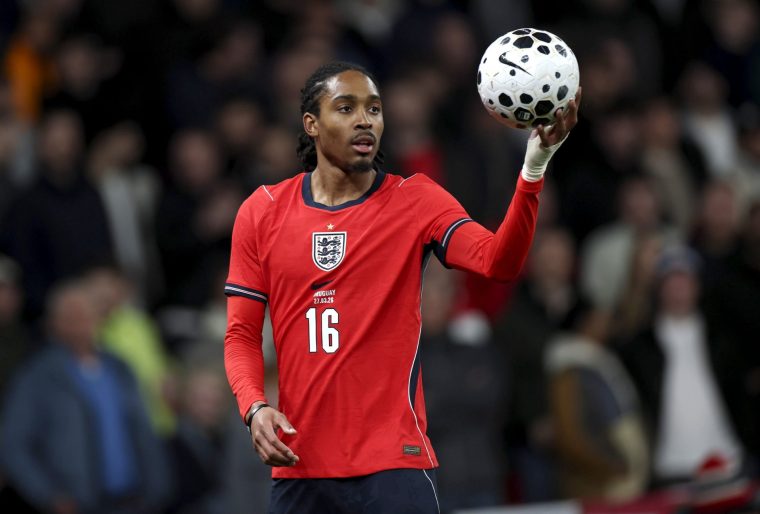 LONDON, ENGLAND - MARCH 27: Djed Spence of England takes a throw in during the international friendly match between England and Uruguay at Wembley Stadium on March 27, 2026 in London, England. (Photo by Eddie Keogh - The FA/The FA via Getty Images)
