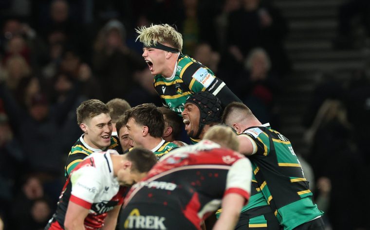 LONDON, ENGLAND - MARCH 28: Henry Pollock of Northampton Saints celebrates with team mates after their victory during the Gallagher PREM match between Saracens and Northampton Saints at Tottenham Hotspur Stadium on March 28, 2026 in London, England. (Photo by David Rogers/Getty Images)