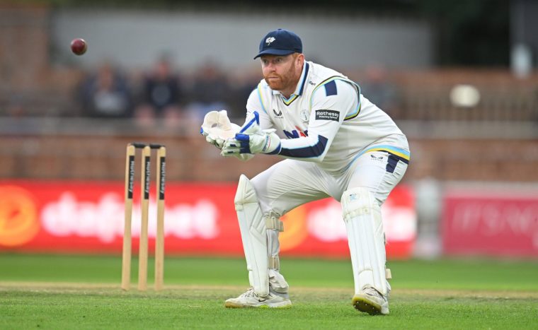 TAUNTON, ENGLAND - SEPTEMBER 09: Jonny Bairstow of Yorkshire gathers the ball during Day Two of the Rothesay County Championship Division One match between Somerset and Yorkshire at The Cooper Associates County Ground on September 09, 2025 in Taunton, England. (Photo by Harry Trump/Getty Images)