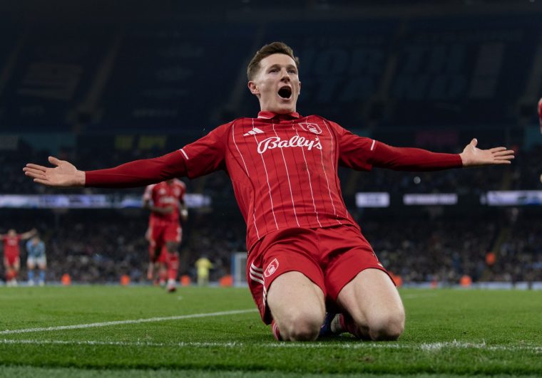 MANCHESTER, ENGLAND - MARCH 4: Elliot Anderson of Nottingham Forest celebrates scoring the second goal during the Premier League match between Manchester City and Nottingham Forest at Etihad Stadium on March 4, 2026 in Manchester, England. (Photo by Visionhaus/Getty Images)
