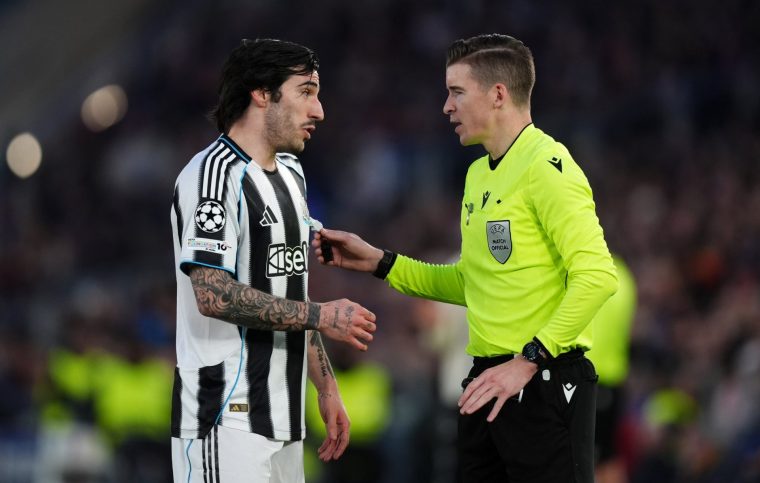Newcastle United's Sandro Tonali speaks with referee Francois Letexier during the UEFA Champions League round of sixteen, second leg match at the Spotify Camp Nou, Barcelona, Spain. Picture date: Wednesday March 18, 2026. PA Photo. Photo credit should read: Mike Egerton/PA Wire. RESTRICTIONS: Use subject to restrictions. Editorial use only, no commercial use without prior consent from rights holder.