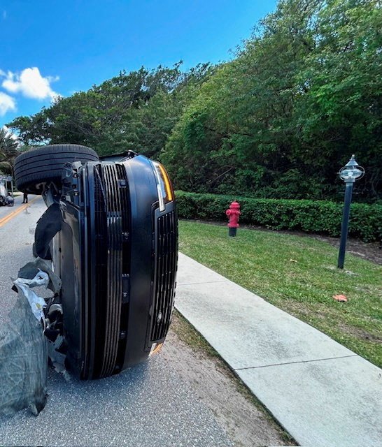 Tiger Woods' Land Rover rolled over on a two-lane road near his Jupiter Island home, in this handout image released by the Martin County Sheriff's Office on March 28, 2026, as Woods was arrested on suspicion of DUI, in Jupiter Island, Florida, U.S. Martin County Sheriff's Office/Handout via REUTERS THIS IMAGE HAS BEEN SUPPLIED BY A THIRD PARTY. MANDATORY CREDIT NO RESALES. NO ARCHIVES. BEST QUALITY AVAILABLE.