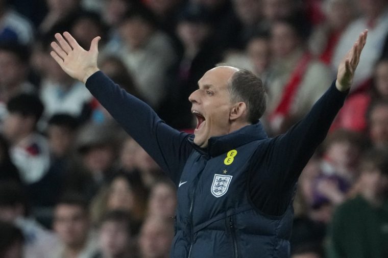 LONDON, ENGLAND - MARCH 31: Thomas Tuchel, coach of England looks on during the international friendly match between England and Japan at Wembley Stadium on March 31, 2026 in London, England. (Photo by Masashi Hara/Getty Images)