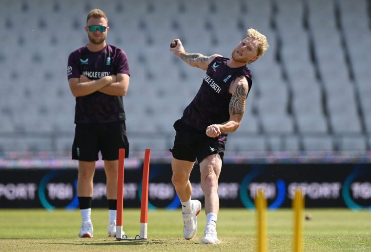 LEEDS, ENGLAND - JUNE 18: Ben Stokes of England bowls a ball past Sam Cook (L) during an England training session at Headingley on June 18, 2025 in Leeds, England. (Photo by Philip Brown/Getty Images)