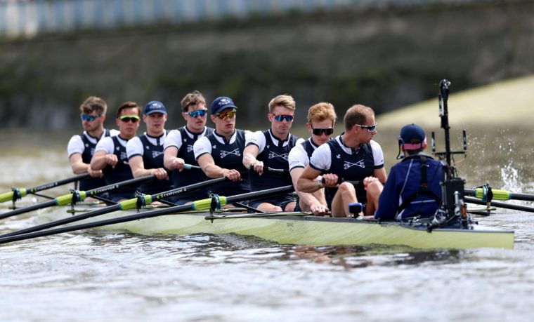 LONDON, ENGLAND - APRIL 13: Tobias Bernard (cox), Nico Kohl (stroke), Nick Rusher, Tom Mackintosh, Tass von Mueller, James Doran, Felix Rawlinson, Will O???Connell, Tom Sharrock (bow) of Oxford University Boat Club prepare to race prior to The Men's Boat Race 2025 on April 13, 2025 in London, England. (Photo by Warren Little/Getty Images)