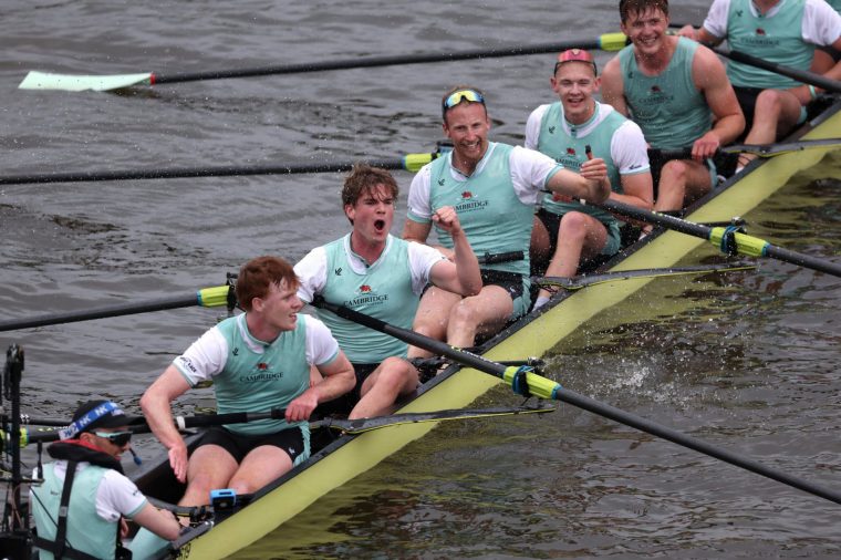 LONDON, ENGLAND - APRIL 13: Ollie Boyne (cox), Douwe de Graaf (stroke), Simon Hatcher, James Robson, George Bourne, Gabriel Mahler, Luke Beever, Noam Mouelle and Luca Ferraro (bow) of Cambridge University Boat Club celebrate victory following The Men's Boat Race 2025 on April 13, 2025 in London, England. (Photo by Alex Davidson/Getty Images)