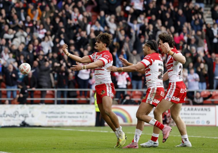 St Helens' Bill Leyland (left) celebrates after scoring a try during the Betfred Super League match at BrewDog Stadium, St Helens. Picture date: Friday April 3, 2026. PA Photo. Photo credit should read: Cody Froggatt/PA Wire. RESTRICTIONS: Use subject to restrictions. Editorial use only, no commercial use without prior consent from rights holder.