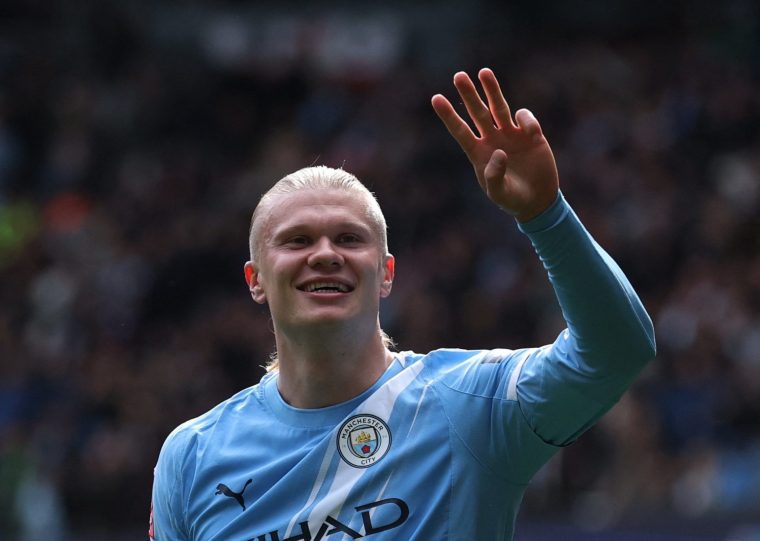 Soccer Football - FA Cup - Quarter Final - Manchester City v Liverpool - Etihad Stadium, Manchester, Britain - April 4, 2026 Manchester City's Erling Haaland celebrates scoring their fourth goal to complete his hattrick REUTERS/Phil Noble