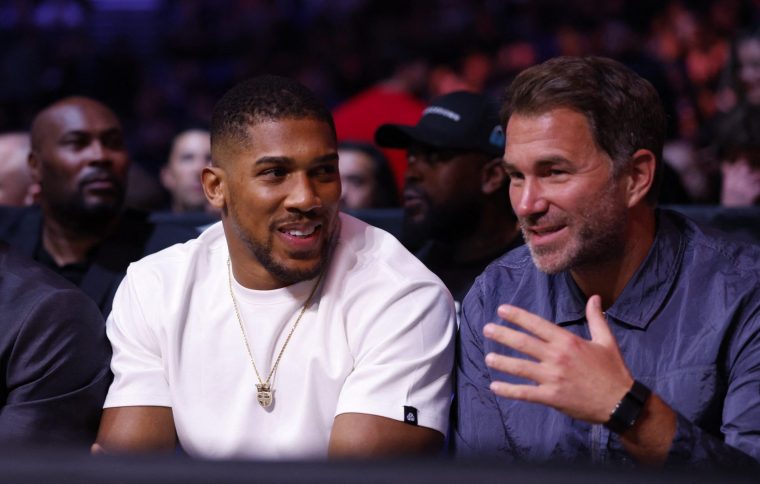 Boxing - Derek Chisora v Deontay Wilder - O2 Arena, London, Britain - April 4, 2026 Anthony Joshua is seen with promoter Eddie Hearn ahead of the Derek Chisora v Deontay Wilder fight Action Images via Reuters/Peter Cziborra
