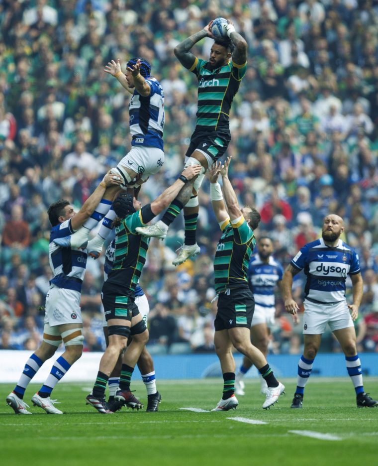 LONDON, ENGLAND - JUNE 8: Northampton Saints' Courtney Lawes claims the lineout during the Gallagher Premiership Rugby Final match between Northampton Saints and Bath Rugby at Twickenham Stadium on June 8, 2024 in London, England.(Photo by Bob Bradford - CameraSport via Getty Images)