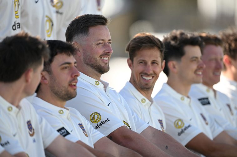 HOVE, ENGLAND - MARCH 26: Ollie Robinson of Sussex CCC looks on during a Sussex team photo at the 1st Central County Ground on March 26, 2026 in Hove, England. (Photo by Mike Hewitt/Getty Images)