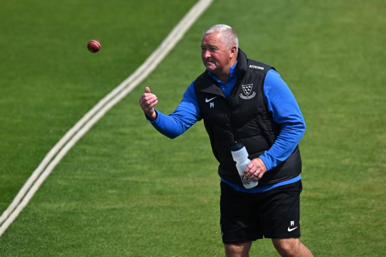HOVE, ENGLAND - MAY 12: Sussex coach Paul Farbrace returns the ball during the Rothesay County Championship match between Sussex and Worcestershire at The 1st Central County Ground on May 12, 2025 in Hove, England. (Photo by Mike Hewitt/Getty Images)