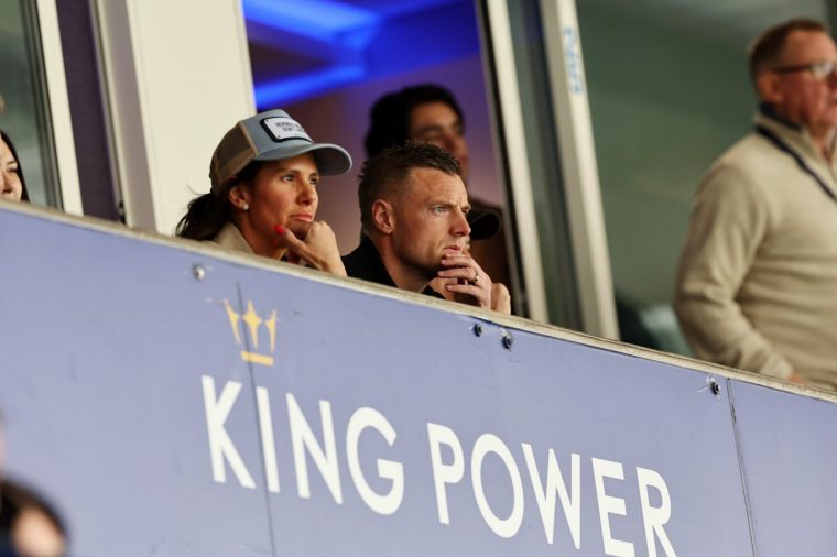 LEICESTER, ENGLAND - APRIL 11: Jamie Vardy and Rebekah Vardy are in attendance during the Sky Bet Championship match between Leicester City and Swansea City at King Power Stadium on April 11, 2026 in Leicester, United Kingdom. (Photo by Plumb Images/Leicester City FC via Getty Images)