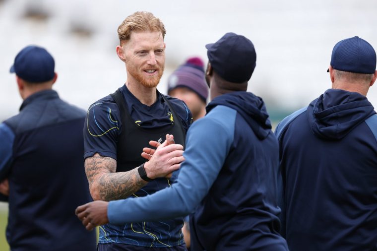 CHESTER-LE-STREET, ENGLAND - APRIL 03: Durham player Ben Stokes shakes hands with new cap Kemar Roach prior to Day One of the Rothesay County Championship Division 2 match between Durham and Kent at Banks Homes Riverside on April 03, 2026 in Chester-le-Street, England. (Photo by Stu Forster/Getty Images)