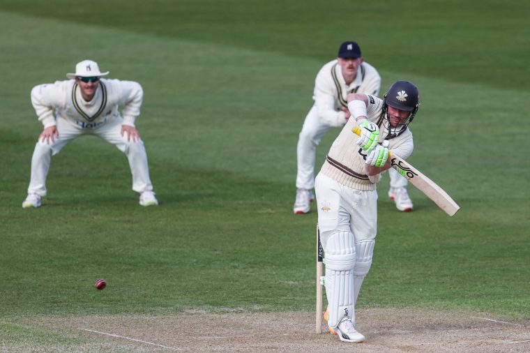 Rory Burns of Surrey bats during the Rothesay County Championship match between Warwickshire County Cricket Club and Surrey at Edgbaston Cricket Ground in Birmingham, United Kingdom, on April 5, 2026. (Photo by Stuart Leggett/MI News/NurPhoto via Getty Images)