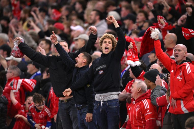 Nottingham Forest fans celebrate following victory in the UEFA Europa League quarter-final second leg match at the City Ground, Nottingham. Picture date: Thursday April 16, 2026. PA Photo. Photo credit should read: Gary Oakley/PA Wire. RESTRICTIONS: Use subject to restrictions. Editorial use only, no commercial use without prior consent from rights holder.