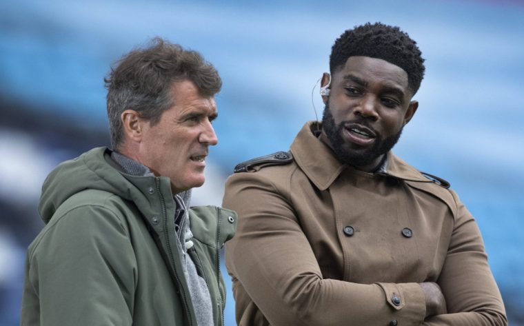 MANCHESTER, ENGLAND - JULY 02: Sky TV presenters Micah Richards and Roy Keane before the Premier League match between Manchester City and Liverpool FC at Etihad Stadium on July 2, 2020 in Manchester, United Kingdom. (Photo by Visionhaus)