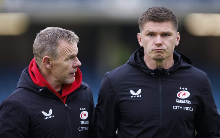 BATH, ENGLAND - APRIL 26: Saracens' Director of Rugby Mark McCall and Saracens' Owen Farrell during the Gallagher Premiership Rugby match between Bath Rugby and Saracens at The Recreation Ground on April 26, 2024 in Bath, England.(Photo by Bob Bradford - CameraSport via Getty Images)