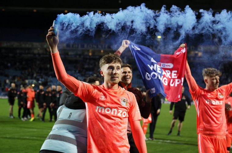 Coventry City's Josh Eccles celebrates promotion to the Premier League following the Sky Bet Championship match at Ewood Park, Blackburn. Picture date: Friday April 17, 2026. PA Photo. Photo credit should read: Richard Sellers/PA Wire. RESTRICTIONS: EDITORIAL USE ONLY No use with unauthorised audio, video, data, fixture lists, club/league logos or "live" services. Online in-match use limited to 120 images, no video emulation. No use in betting, games or single club/league/player publications.