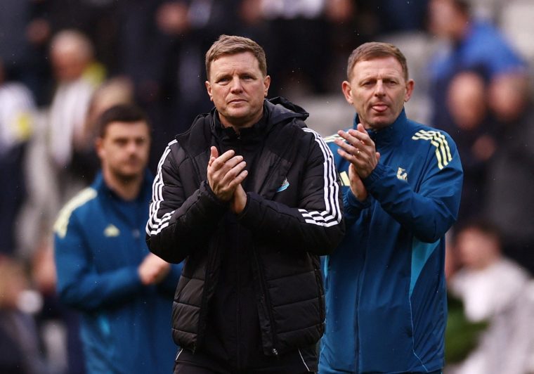 Soccer Football - Premier League - Newcastle United v AFC Bournemouth - St James' Park, Newcastle, Britain - April 18, 2026 Newcastle United manager Eddie Howe and Newcastle United assistant manager Graeme Jones look dejected after the match Action Images via Reuters/Lee Smith EDITORIAL USE ONLY. NO USE WITH UNAUTHORIZED AUDIO, VIDEO, DATA, FIXTURE LISTS, CLUB/LEAGUE LOGOS OR 'LIVE' SERVICES. ONLINE IN-MATCH USE LIMITED TO 120 IMAGES, NO VIDEO EMULATION. NO USE IN BETTING, GAMES OR SINGLE CLUB/LEAGUE/PLAYER PUBLICATIONS. PLEASE CONTACT YOUR ACCOUNT REPRESENTATIVE FOR FURTHER DETAILS..