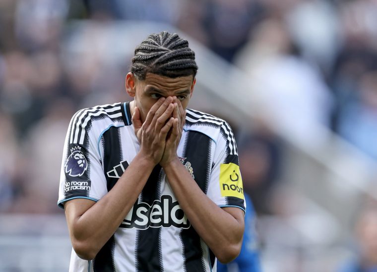 NEWCASTLE UPON TYNE, ENGLAND - APRIL 18: Newcastle United's William Osula puts his face in his hands as his goal is sent for a VAR review during the Premier League match between Newcastle United and Bournemouth at St James' Park on April 18, 2026 in Newcastle upon Tyne, United Kingdom. (Photo by Lee Parker - CameraSport via Getty Images)