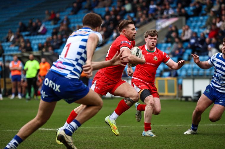 Greg Eden runs towards a try during the BETFRED Championship match between Halifax Panthers and North Wales Crusaders at The Shay, Halifax, on March 22, 2026. (Photo by Simon Hall/MI News/NurPhoto via Getty Images)