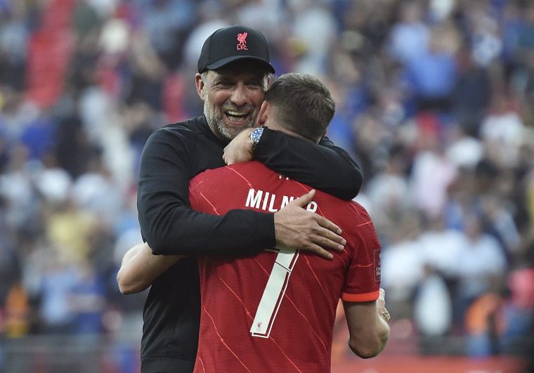 LONDON, ENGLAND - MAY 14: (THE SUN OUT, THE SUN ON SUNDAY OUT) Manager Jurgen Klopp and James Milner of Liverpool after Liverpool's victory in The FA Cup Final match between Chelsea and Liverpool at Wembley Stadium on May 14, 2022 in London, England. (Photo by Nick Taylor/Liverpool FC/Liverpool FC via Getty Images)