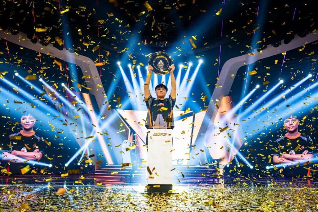 Image of FGC player XiaoHai celebrating win at Esports World Cup