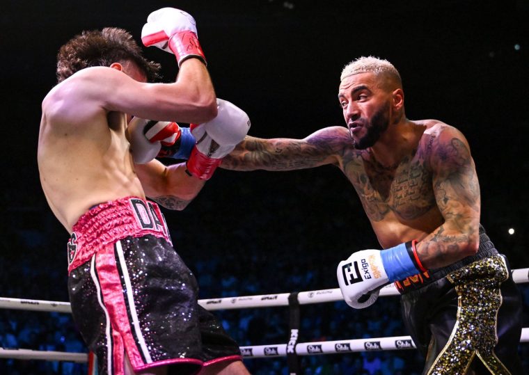 Dublin , Ireland - 31 August 2024; Danny Simpson, right, in action against Danny Aarons in their light heavyweight bout during the Misfits Boxing & DAZN X Series at the 3Arena in Dublin. (Photo By David Fitzgerald/Sportsfile via Getty Images)