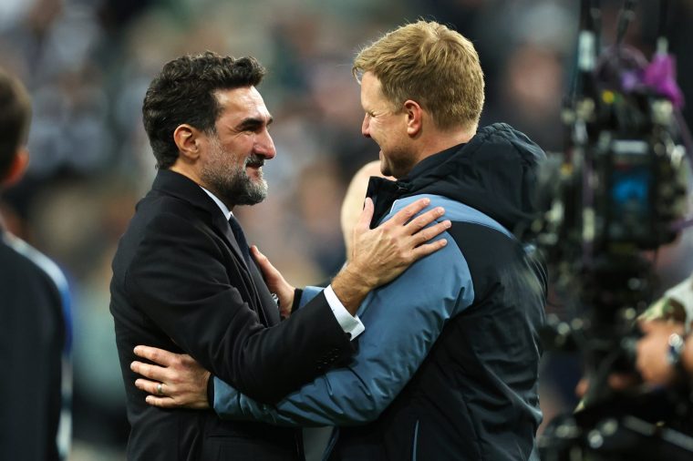 NEWCASTLE UPON TYNE, ENGLAND - MAY 22: Newcastle chairman Yasir Al-Rumayyan celebrates with Eddie Howe the manager / head coach of Newcastle United during the Premier League match between Newcastle United and Leicester City at St. James Park on May 22, 2023 in Newcastle upon Tyne, England. (Photo by Robbie Jay Barratt - AMA/Getty Images)