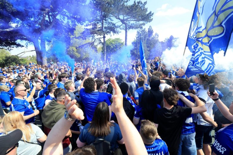 Ipswich Town fans outside the ground ahead of the Sky Bet Championship match at Portman Road, Ipswich. Picture date: Saturday May 2, 2026. PA Photo. Photo credit should read: Nigel French/PA Wire. RESTRICTIONS: EDITORIAL USE ONLY No use with unauthorised audio, video, data, fixture lists, club/league logos or "live" services. Online in-match use limited to 120 images, no video emulation. No use in betting, games or single club/league/player publications.