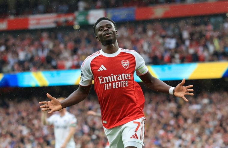 Soccer Football - Premier League - Arsenal v Fulham - Emirates Stadium, London, Britain - May 2, 2026 Arsenal's Bukayo Saka celebrates scoring their second goal Action Images via Reuters/Paul Childs