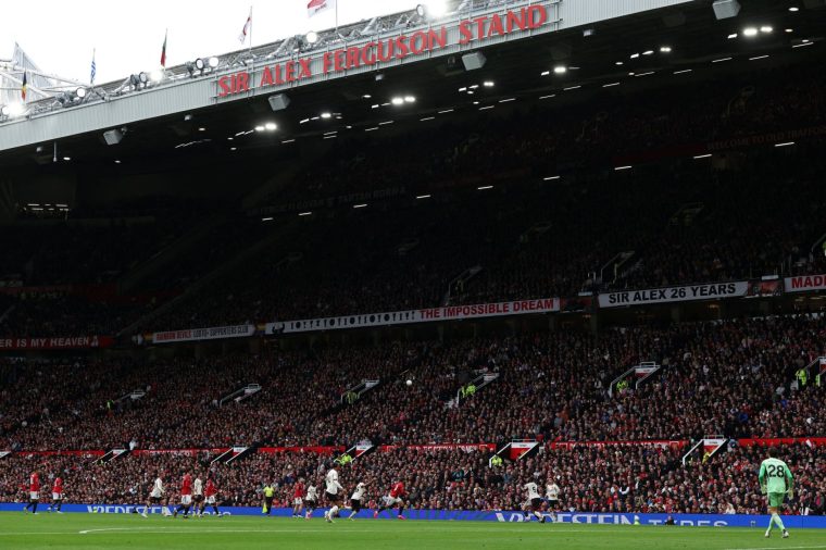 A general view of play is pictured during the English Premier League football match between Manchester United and Liverpool at Old Trafford in Manchester, north west England, on May 3, 2026. (Photo by Darren Staples / AFP via Getty Images) / RESTRICTED TO EDITORIAL USE. No use with unauthorized audio, video, data, fixture lists, club/league logos or 'live' services. Online in-match use limited to 120 images. An additional 40 images may be used in extra time. No video emulation. Social media in-match use limited to 120 images. An additional 40 images may be used in extra time. No use in betting publications, games or single club/league/player publications. /