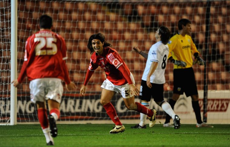BARNSLEY, ENGLAND - SEPTEMBER 22: Hugo Colace #5 of Barnsley celebrates scoring the third goal during the Carling Cup Third Round game between Barnsley and Burnley at Oakwell on September 22, 2009 in Barnsley, England. (Photo by Laurence Griffiths/Getty Images)