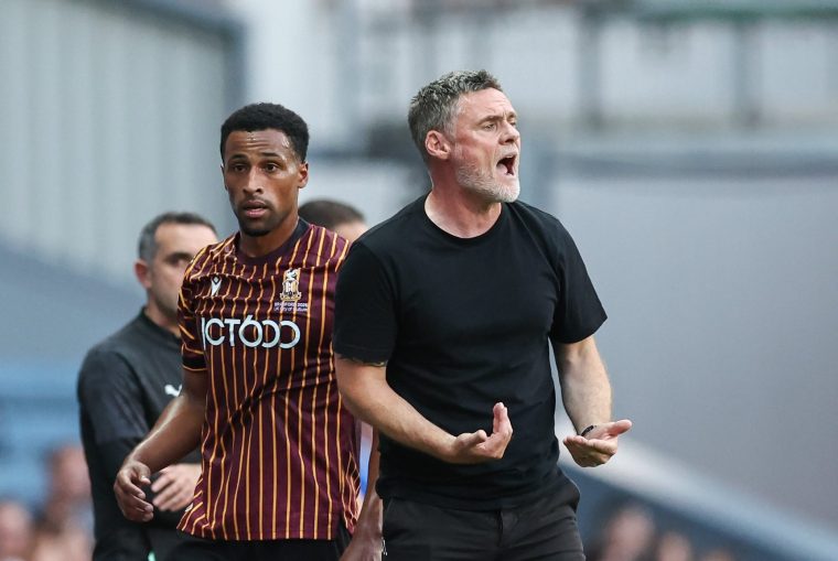 BLACKBURN, ENGLAND - AUGUST 12: Bradford City manager Graham Alexander shouts instructions to his team from the technical area during the Carabao Cup First Round match between Blackburn Rovers v Bradford City at Ewood Park on August 12, 2025 in Blackburn, England. (Photo by Lee Parker - CameraSport via Getty Images)