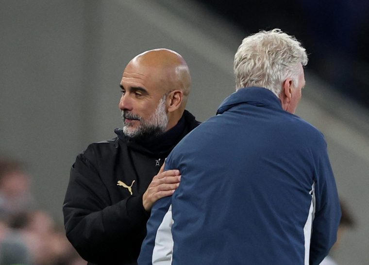 Soccer Football - Premier League - Everton v Manchester City - Hill Dickinson Stadium, Liverpool, Britain - May 4, 2026 Manchester City manager Pep Guardiola with Everton manager David Moyes after the match REUTERS/Scott Heppell EDITORIAL USE ONLY. NO USE WITH UNAUTHORIZED AUDIO, VIDEO, DATA, FIXTURE LISTS, CLUB/LEAGUE LOGOS OR 'LIVE' SERVICES. ONLINE IN-MATCH USE LIMITED TO 120 IMAGES, NO VIDEO EMULATION. NO USE IN BETTING, GAMES OR SINGLE CLUB/LEAGUE/PLAYER PUBLICATIONS. PLEASE CONTACT YOUR ACCOUNT REPRESENTATIVE FOR FURTHER DETAILS..