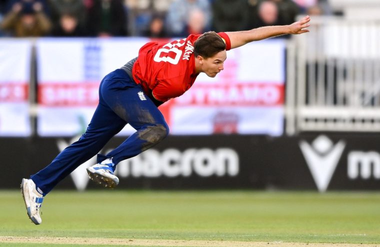 Dublin , Ireland - 21 September 2025; England bowler Sonny Baker during match three of the T20 International Series between Ireland and England at Malahide Cricket Ground in Dublin. (Photo by Peter Langan/Sportsfile via Getty Images)