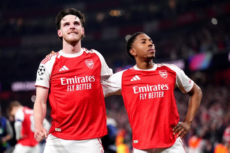 Arsenal's Declan Rice (left) and Myles Lewis-Skelly celebrate following the UEFA Champions League semi-final second leg match at the Emirates Stadium, London. Picture date: Tuesday May 5, 2026. PA Photo. Photo credit should read: John Walton/PA Wire. RESTRICTIONS: Use subject to restrictions. Editorial use only, no commercial use without prior consent from rights holder.